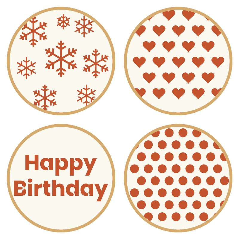 Cookies decorated with snowflake, heart, Happy Birthday and polka-dot stencils